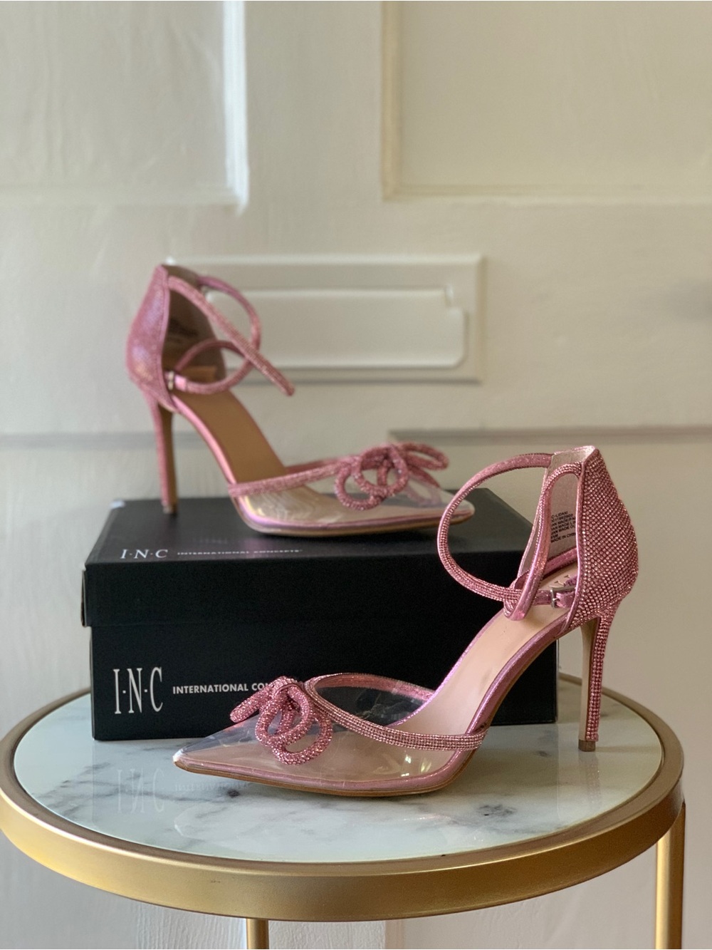 INC International Concepts Lidani Pointed-Toe Pink Bling Clear Vinyl Heels